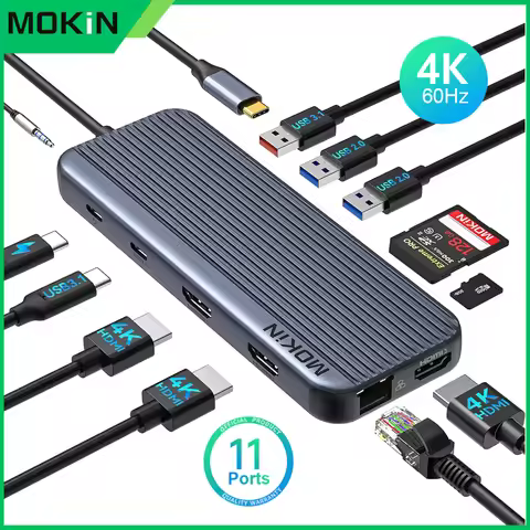 MOKiN USB C Hub Multiport Adapter Triple Display 4K60Hz HDMI,VGA,USB 3.1,PD 100W,RJ45,Audio,Docking 