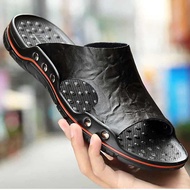 HOT11★รองเท้าแตะหนังผู้ชายคลาสสิกสำหรับฤดูร้อนของผู้ชายรองเท้าแตะหนังแท้ Sandal Original นุ่มรองเท้าแตะหนังสไลด์หนังกลางแจ้งโรมันสำหรับผู้ชาย