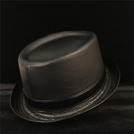 Men Balck Pork Pie Hat For Dad Leather Fedora Hat Fashion Gentleman Flat Bowler Porkpie Top Hat Size