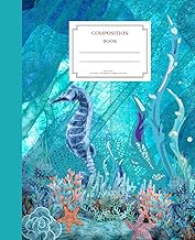 Composition Book. Undersea with coral and sea horse: Tranquil turquoise undersea, with sea grass, coral, and a sea horse