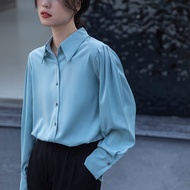 Aiyiyi Long-Sleeved Shirt Top Chiffon S-XL Trendy Textured High Slightly Loose Pleated Puff Sleeve T