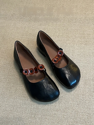 สไตล์ฝรั่งเศส ของแท้ หนัง รองเท้าส้นแบน ผู้หญิง Mango Head รองเท้าแตะบัลเล่ต์ส้นเตี้ย Retro Mary Jan