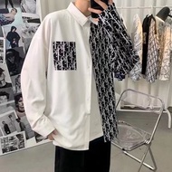 港男潮牌襯衫 拼接撞色長袖恤衫 春秋薄外套 寬鬆潮流男裝- 黑色 M