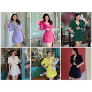 Set of 3 Piece women's short-sleeved crop top vest and a-line skirt with free Bigsize bra cream KN f