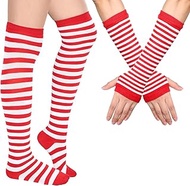 Arm Cuff Leg Warmer for Women Striped Thigh Stocking Fingerless Gloves Stripe Stocking (Red and Whit