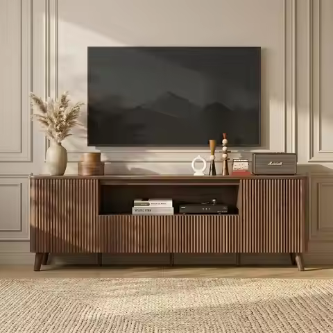 Mid Century Modern TV Stand for 80 Inch TV with Storage Drawers & Adjustable Shelves, Walnut, Custom