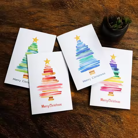 4pcsWatercolor Christmas Tree Greeting Card,Merry Christmas Colorful Christmas Tree Pattern Hand-pai