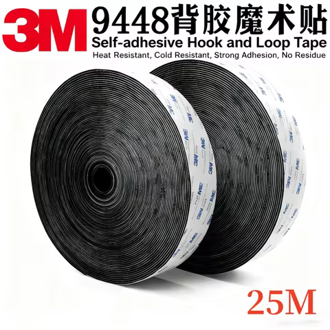 3M 9448A Black Double-Sided Adhesive 25m 16-100mm Strong Non-Trace Hook and Loop Side Fastener Tape 