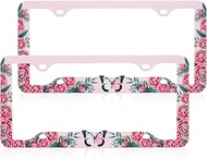 FantasHome Stainless Metal Car License Plate Frame Covers with 4 Holes - 2 Pack with Unique Designs,