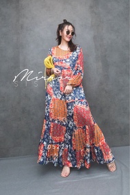 (นางแบบใส่ชุดขาย) Boho Gypsy Dress เดรสโบฮีเมียน เดรสยาว ผ้าลายสไตล์บาหลี ผ้าพริ้ว มีซับในชายบานสวย 