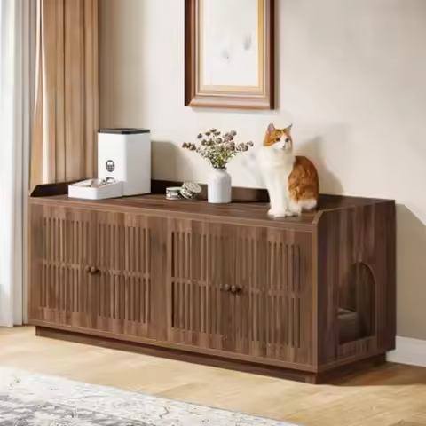2 Cats Litter Box Enclosure 55.1-Inch Extra Large Hidden Litter Box Furniture with 2 Cabinets and Si