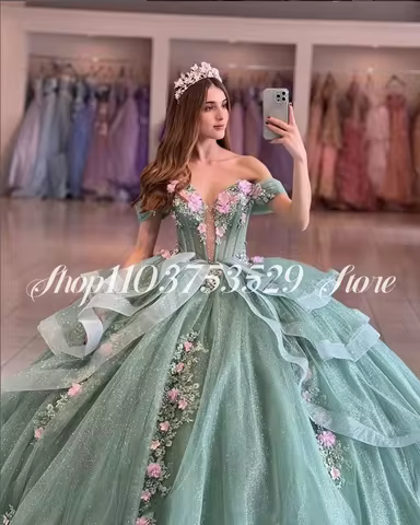 Light Green Princess Ball Gowns Quinceanera DressesOff Shoulder3D Floral Applique Bone Mexican Queen