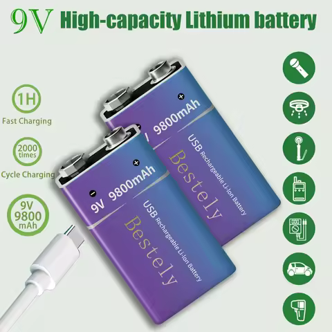 New 9V Rechargeable Lithium Battery , 9800mAh Long Lasting 9v Li-ion Batteries with Cable ,for Smoke