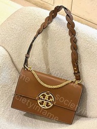 閑置 Tory Burch Miller 啡色 飾以手工編織標誌性雙 TLogo 粒面牛皮革 風琴包 手袋 斜孭袋單肩袋81688-905