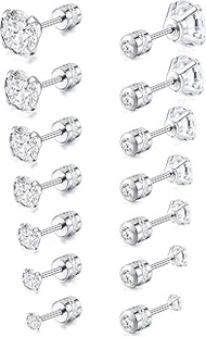 Tornito 7 Pairs 18G 20G Stainless Steel Stud Earrings Round Cubic Zirconia Barbell Earring Set For M