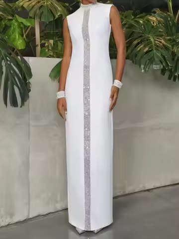 UOOZEE Women's Fashion Shiny Back-Split X-shape Party Dress 2025 Summer Sleeveless Contrast Color El