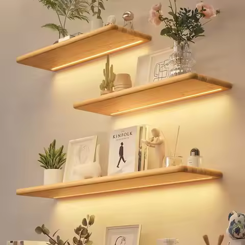 LED Solid Wood Wall Shelf, Floating Hanging Shelf for Books,Multi-Purpose Display for Background Wal
