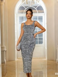 Silver Sequin Sleeveless Slim-Fit Gown: A Glamorous Dress Exuding Shining Charm in a Luxurious Space