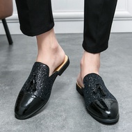 EIFAK Korean Style Glitte Sequins Fashion Mules Shoes for Men Half Shoes British Style Tassels Loafe