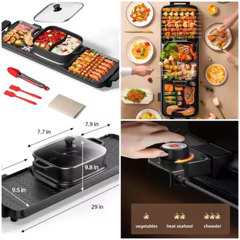 AORAN SmokelElectric Hot Pot & Grill Combo, Large 9.5'x29' Non-Stick Design, 3 Adjustable Heat Level