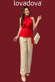 Áo yếm màu đỏ kèm belt vải lụa Lovadova FB0602