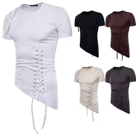 2023 summer Korean style Unique Irregular weaving rope design T-shirts men casual slim O-neck Tee sh