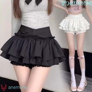 ANEMONE Mini Cake Skirts, Double Layered Irregular Belt High Waisted Pleated Skirt, Elastic A-line R