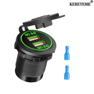 KEBETEME 12V 24V Car Charger Motorcycle QC 3.0 Dual USB LED Power Outlet