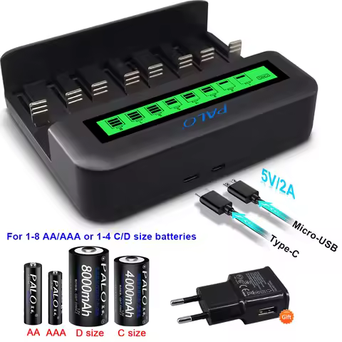 PALO 8 Slots LCD USD Charger for 1.2V AA AAA C D Size NIMH Rechargeable Battery LR3 LR6 LR14 LR20 Ba