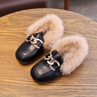 Winter Kids Fur Shoes Casual Children PU Leather Shoes Girls Warm Flats Toddler Black Brand Shoes Loafer With Buckle Moccasin