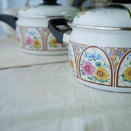 日本雜貨-昭和時代全新品白色馬賽克風格花朵珐瑯硬質單柄鍋2.2L