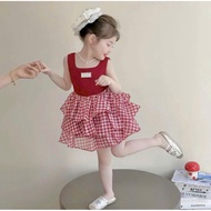 Dress Sleeveless Lovely Red Checkered Layered Skirt for Girls 8-18kg DT1416