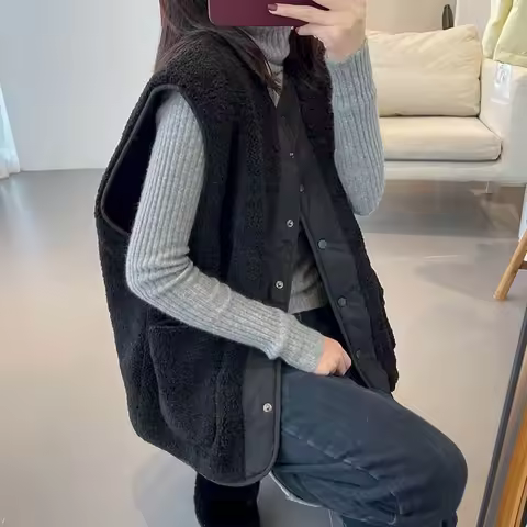 Fleece Waistcoats for Women Plush Vests O-neck Casual Sleeveless Cardigans Oversized Wear Both Sides