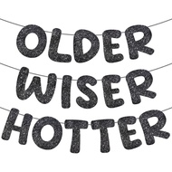 Pre-Strung Birthday Decorations Black Older Wiser Hotter Banner - Glitter Funny Birthday Banner,Wome