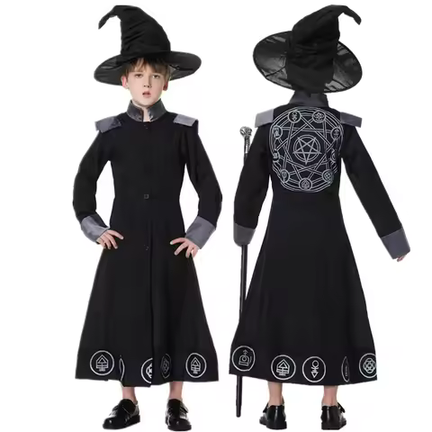Halloween Black Wizard Costume Kids Boys Purim Party Dark Sorcerer Robe Religious Priest Cosplay Cos