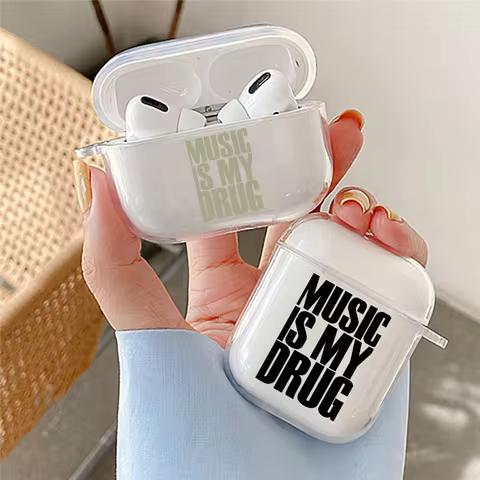 Minimalist English Letters Music is My Drug Earphones Case For AirPods 1 2 3 4 Pro Pro2 Pro3 Transpa