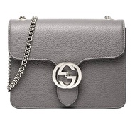 GUCCI 風琴包 經典雙G LOGO荔枝紋大象灰牛皮風琴包 淡金鍊