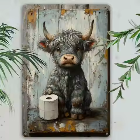 7.8x11.8 Inches Vintage Highland Cow Metal Sign - Cute Animal Holding Toilet Paper, Tin Wall Art for