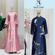 Mother's ao dai, traditional high neck embroidered ruby bird and flower silk ao dai, size S - 4XL