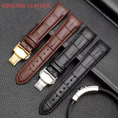 For Tissot Seiko Omega breitling Watch Strap Bracelets Butterfly Buckle ReplacementCalfskin Genuine 