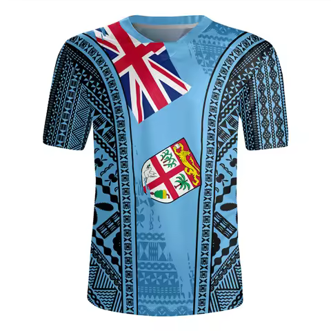 The Republic-of Fiji Flag 3D Printing V Neck T Shirt Fiji Rugby-Jersey Emblem Graphic V neck T Shirt