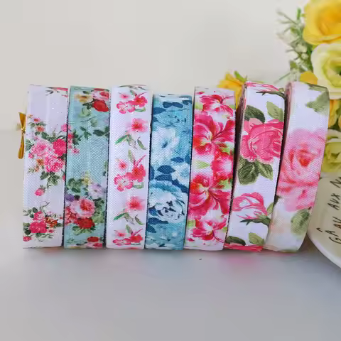 5Yards 1.5CM Width Flower Print Fold Over Elastic Floral FOE Ribbon for DIY Apparel Sewing Accessori