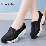 VIWANA Wedges รองเท้าสำหรับสตรีรองเท้าหนังลำลองสไตล์เกาหลีรองเท้าไม่มีส้นสีดำสุภาพสตรีรองเท้าแพลตฟอร