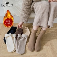 ECMLN ถุงเท้าอุ่นขนสัตว์หนาความร้อนสำหรับผู้หญิงผ้าฝ้ายสีทึบสีเอิร์ธโทนถุงเท้าหิมะกลางท่อที่เรียบง่าย