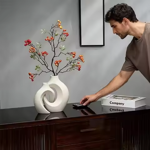 Top Quality Plastic Imitation Ceramic Vase Hollow Nordic Modern Vase Set 2 Modern Home Decor Living 