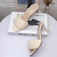 Giày cao gót - Guốc cao gót trong màu 7p quai bản nhún ren - Dép nữ cao gót nhún ren G13