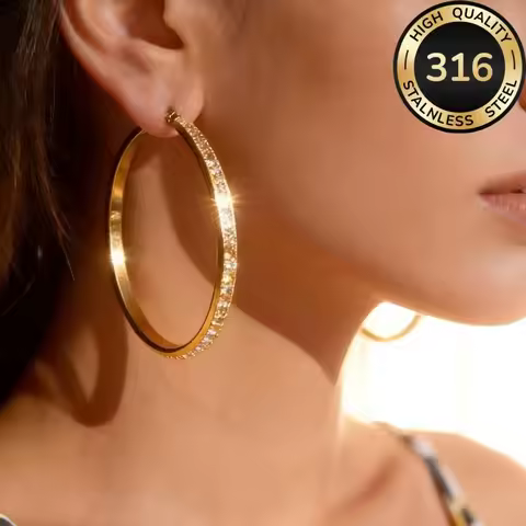 316L Stainless Steel Crystal Hoop Earrings Gold Silver Color Large Circle Hypoallergenic Earrings fo