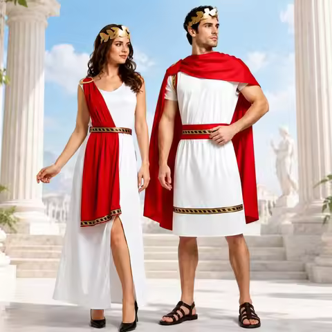 Couple Greek Roman Toga Costume Men Women Ancient Greece God Outfit Red Cape Gold Laurel Wreath Hall