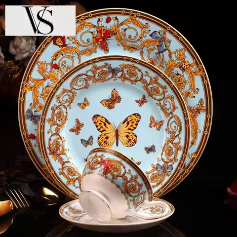 Plate Set Dinner Dessert Porcelain Steak Tray Snack Cake Butterfly Pattern Dinner Ceramic Plate Tabl
