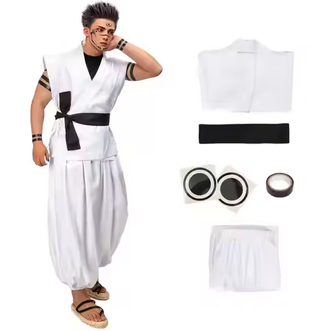 DAZCOS Ryomen Sukuna Costume White Kung Fu Suit with Tattoo Stickers Ryomen Sukuna as Megumi Showdow